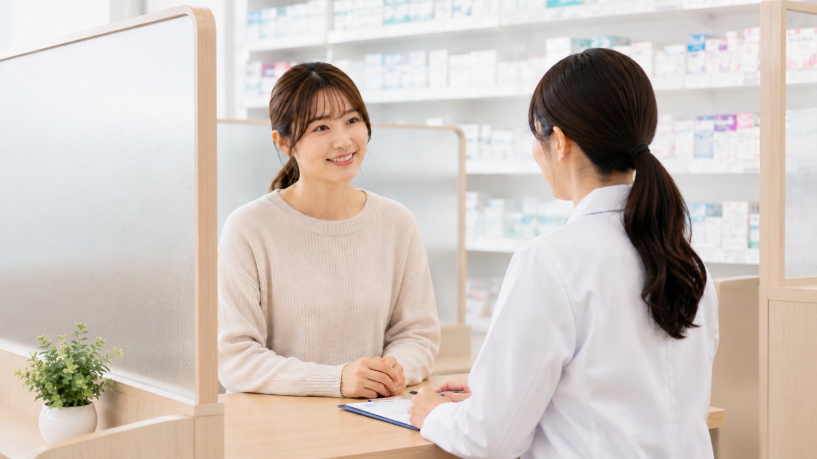 薬局で女性薬剤師に相談する女性